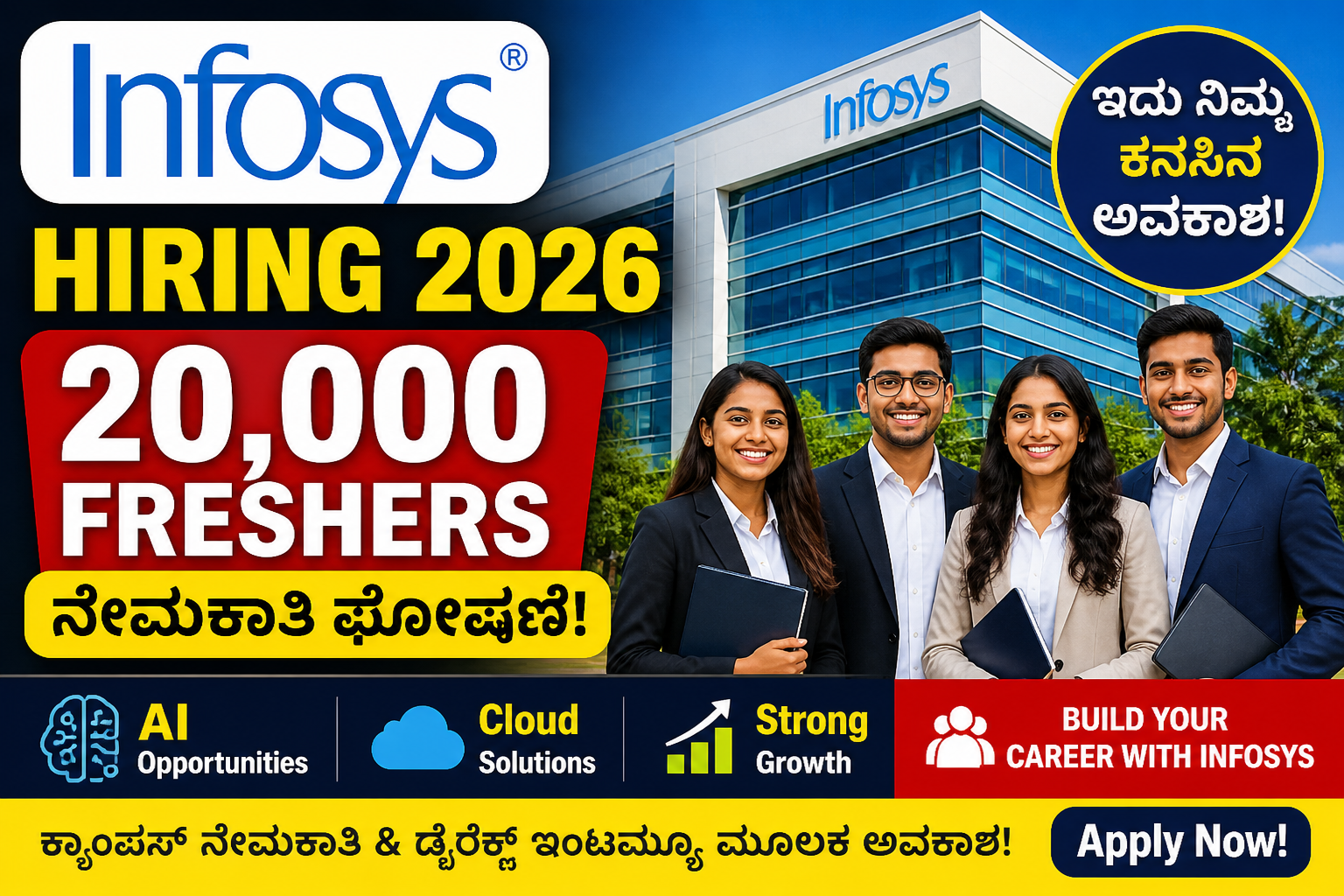 Infosys Hiring 2026: 20,000 Freshers ಗೆ ಭರ್ಜರಿ ಅವಕಾಶ! AI & Cloud ಕ್ಷೇತ್ರದಲ್ಲಿ ದೊಡ್ಡ ನೇಮಕಾತಿ